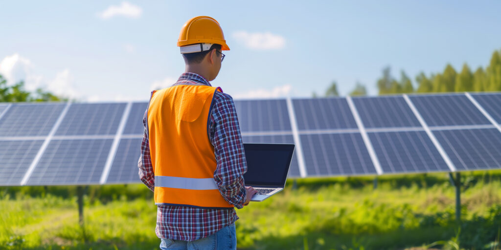 Photo of a man in front of a solar ground mount system performing a quality test with hard hat and safety vest